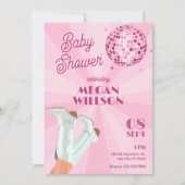 ピンクのグルービーブーツディスコ玉ベビーシャワー 招待状 (正面)