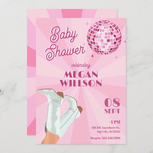 ピンクのグルービーブーツディスコ玉ベビーシャワー 招待状 (正面/裏面)
