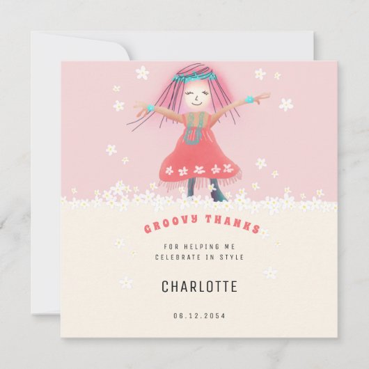ピンクのグルーヴィーガールボホキュートフローラ誕生日パーティー サンキューカード (正面)