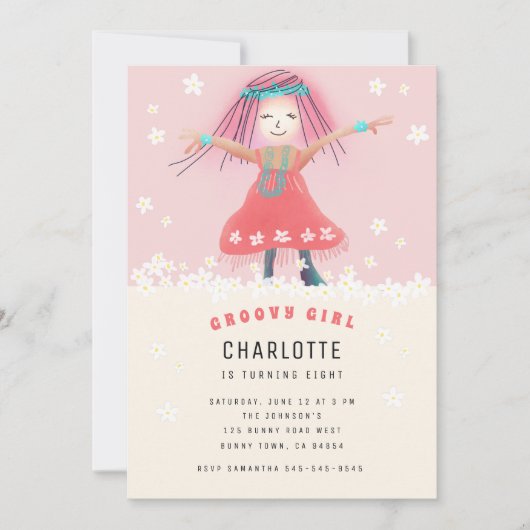 ピンクのグルーヴィーガールボホキュートフローラ誕生日パーティー 招待状 (正面)