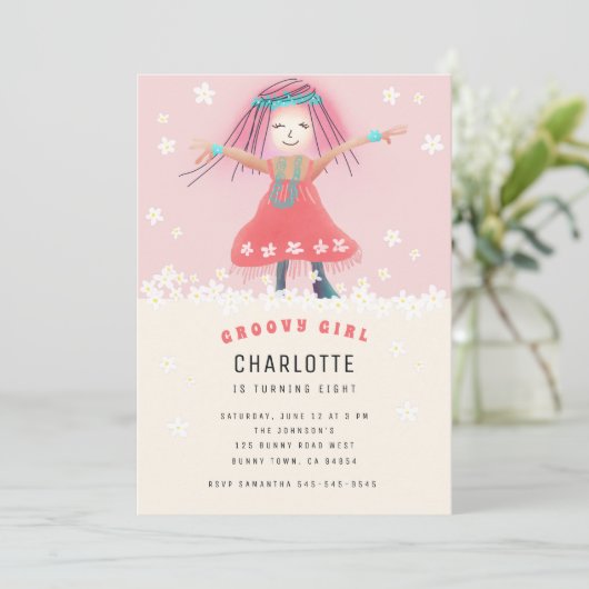 ピンクのグルーヴィーガールボホキュートフローラ誕生日パーティー 招待状 (スタンド正面)