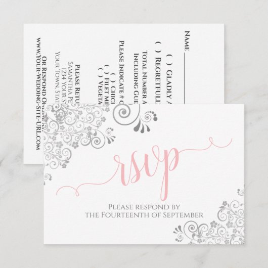 ピンクのグレーと白エレガントの書結婚道 出欠カード (正面/裏面)