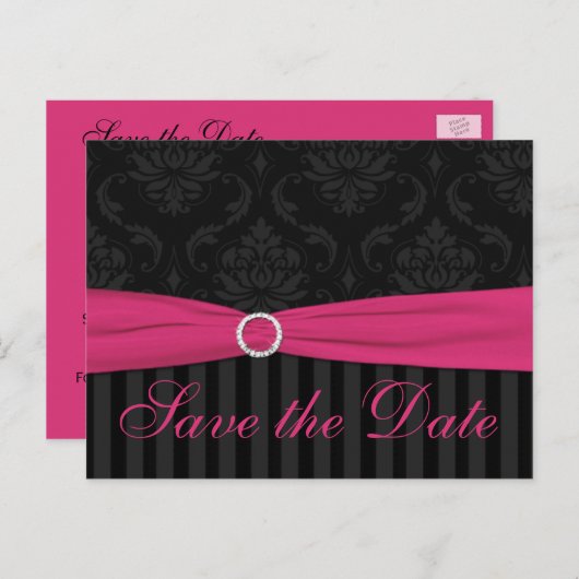 ピンクのグレーの黒いダマスクのストライプは日付カードを保存 案内ポストカード (正面/裏面)