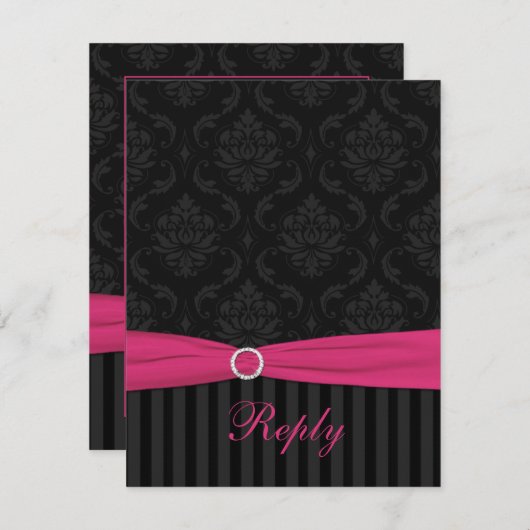 ピンクのグレーの黒のダマスクストライプのが返信カードをスクロール 出欠カード (正面/裏面)