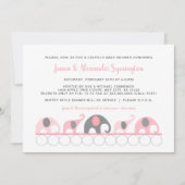 ピンクのグレーゾウのカップル女の子の赤ちゃんシャワー 招待状 (正面)