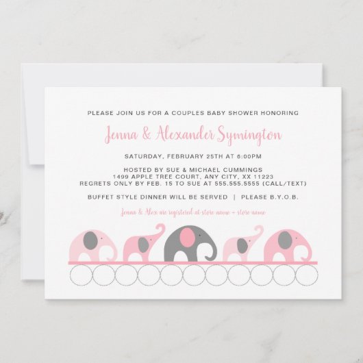 ピンクのグレーゾウのカップル女の子の赤ちゃんシャワー 招待状 (正面)