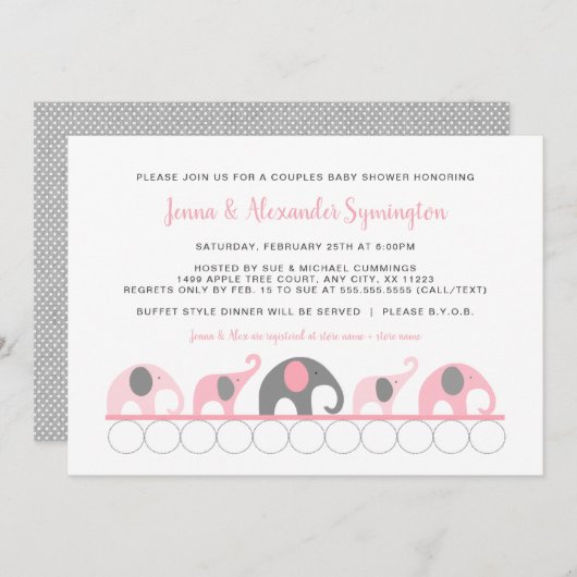 ピンクのグレーゾウのカップル女の子の赤ちゃんシャワー 招待状 (正面/裏面)