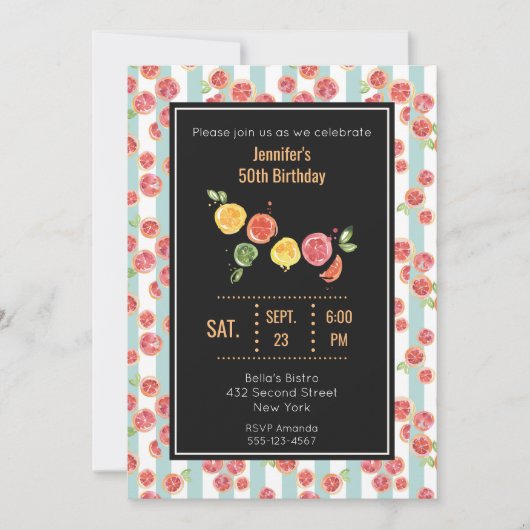 ピンクのグレープフルーツをグリーンストライプパーティー招待状 招待状 (正面)