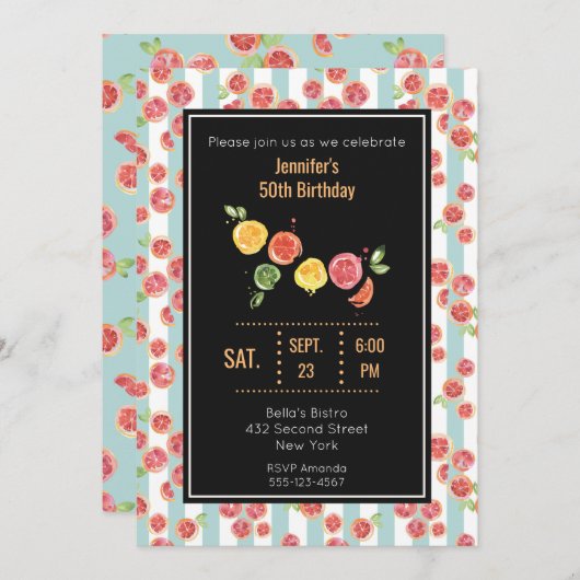 ピンクのグレープフルーツをグリーンストライプパーティー招待状 招待状 (正面/裏面)