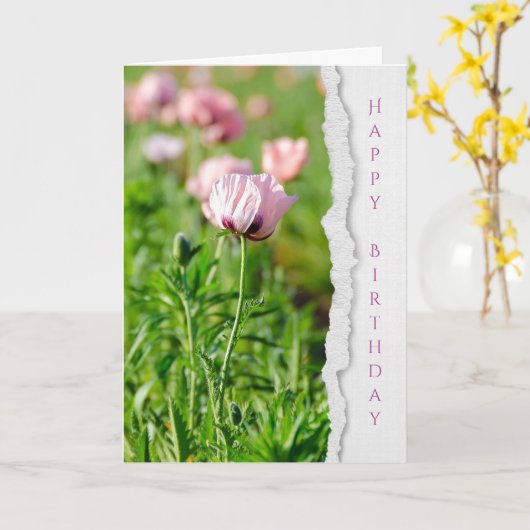 ピンクのケシの花の誕生日 カード (黄色い花)