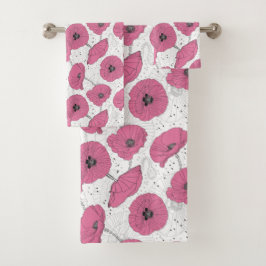 ピンクのケシの花タオルセット バスタオルセット