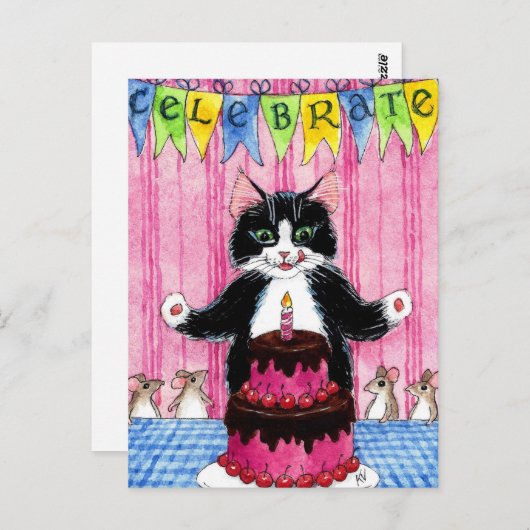 ピンクのケーキでお祝いするかわいい猫のポストカード ポストカード (正面/裏面)