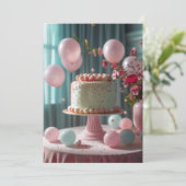 ピンクのケーキと風船 招待状 (スタンド正面)