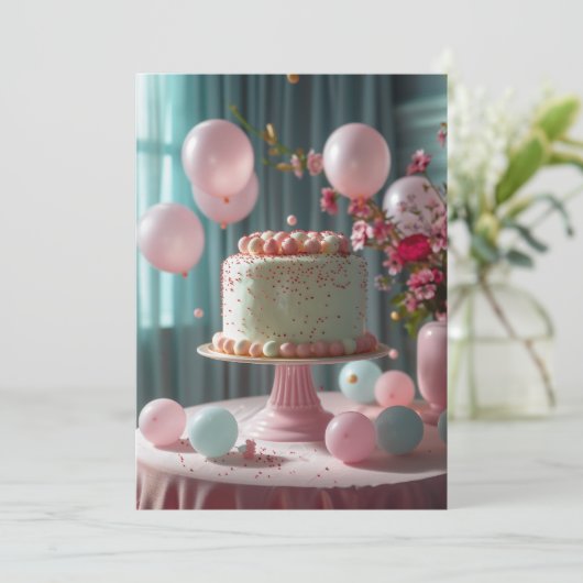 ピンクのケーキと風船 招待状 (スタンド正面)