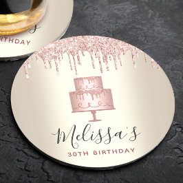 ピンクのケーキのグリッターが、エレガントでかわいいゴールドのパーティーに滴り落ちる ラウンドペーパーコースター