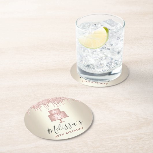 ピンクのケーキのグリッターが、エレガントでかわいいゴールドのパーティーに滴り落ちる ラウンドペーパーコースター (インサイチュ)