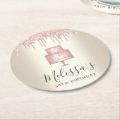 ピンクのケーキのグリッターが、エレガントでかわいいゴールドのパーティーに滴り落ちる ラウンドペーパーコースター (アングル)