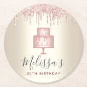 ピンクのケーキのグリッターが、エレガントでかわいいゴールドのパーティーに滴り落ちる ラウンドペーパーコースター (正面)