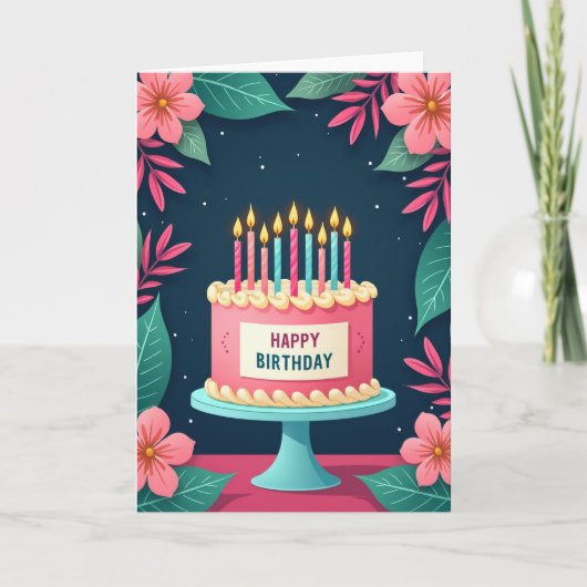 ピンクのケーキの花の誕生日カード カード (正面)