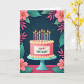 ピンクのケーキの花の誕生日カード カード (黄色い花)