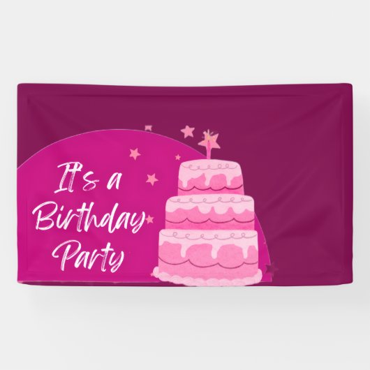ピンクのケーキの誕生日パーティー 横断幕 (横)