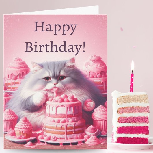 ピンクのケーキを持った誕生日の猫 カード
