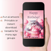 ピンクのケーキを持った誕生日の猫 カード
