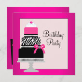 ピンクのケーキ カップケーキ 誕生日パーティー 招待状 (正面/裏面)