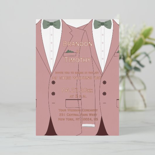 ピンクのゲイウェディングは実在バラゴールドフォイルを招く 箔招待状 (立ち正面)