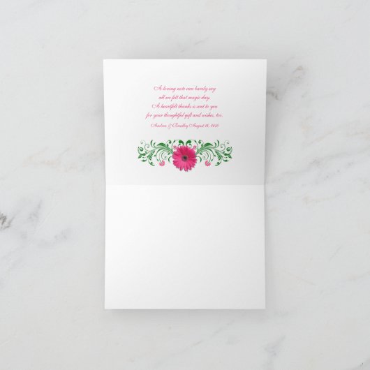 ピンクのゲルバダイジーグリーンの花束 ウェディング サンクス サンキューカード (内部)