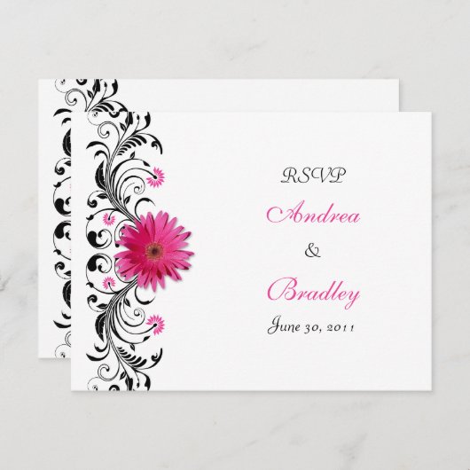 ピンクのゲルバダイジー フラワーのRSVP返信カード 出欠カード (正面/裏面)