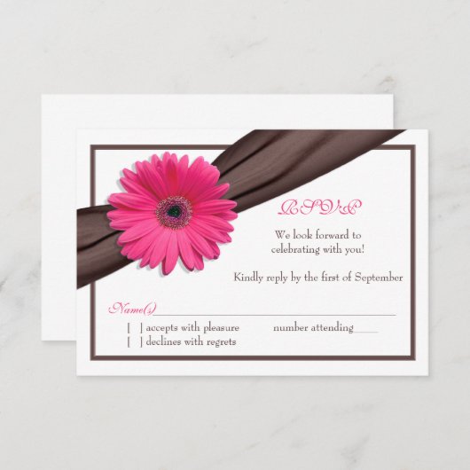 ピンクのゲルバダイジー ブラウンリボン 結婚式 返信カード (正面/裏面)