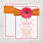 ピンクのゲルベラデイジー オレンジリボン バットミッツヴァー 招待状 (正面/裏面)