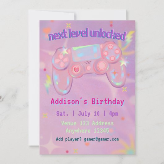 ピンクのゲーマー誕生日おめでとう ネクストレベル解禁 招待状 (正面)