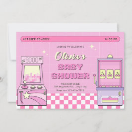 ピンクのゲームアーケードベビーシャワー 招待状