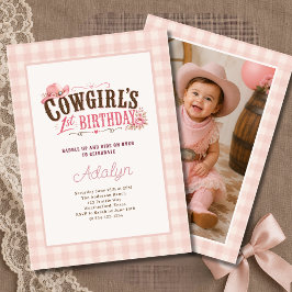 ピンクのコウガールギンガムチェックの女の子 1歳の誕生日 招待状
