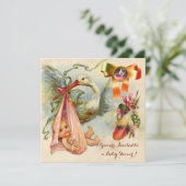 ピンクのコウノトリ女の子の赤ちゃんシャワー、宝石モノグラム 招待状 (スタンド正面)