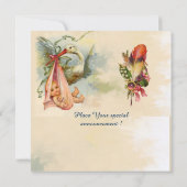 ピンクのコウノトリ女の子の赤ちゃんシャワー、宝石モノグラム 招待状 (裏面)