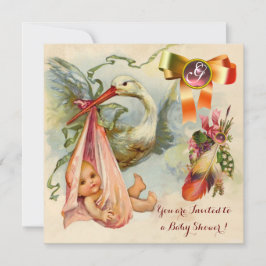 ピンクのコウノトリ女の子の赤ちゃんシャワー、宝石モノグラム 招待状