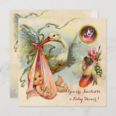 ピンクのコウノトリ女の子の赤ちゃんシャワー、宝石モノグラム 招待状 (正面/裏面)