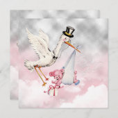 ピンクのコウノトリ赤ちゃんガールシャワー 招待状 (正面/裏面)