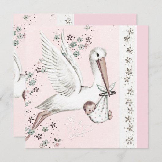 ピンクのコウノトリ赤ちゃんガールシャワー 招待状 (正面/裏面)