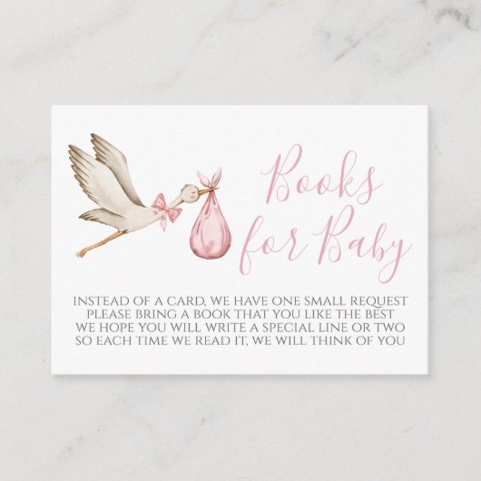 ピンクのコウノトリ赤ちゃんシャワーブックリクエストカード エンクロージャーカード (正面)