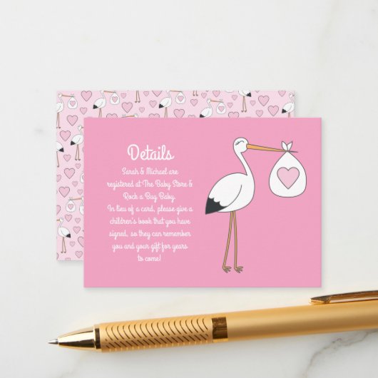 ピンクのコウノトリ赤ちゃんシャワー エンクロージャーカード (正面/裏面インサイチュ)