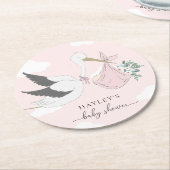 ピンクのコウノトリ赤ちゃんシャワー ラウンドペーパーコースター (アングル)