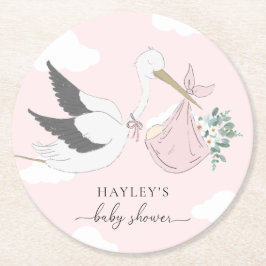 ピンクのコウノトリ赤ちゃんシャワー ラウンドペーパーコースター