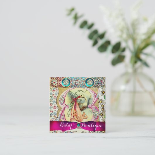 ピンクのコウノトリ赤ちゃんシャワー、宝石、フローラ渦巻き スクエア名刺 (スタンド正面)