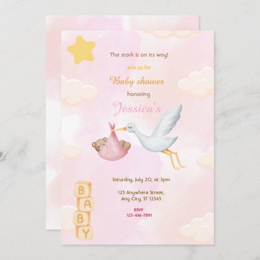 ピンクのコウノトリ赤ちゃんシャワー 招待状 (正面/裏面)