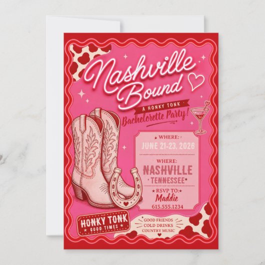 ピンクのコウボーイブーツの週末バチェラーette  招待状 (正面)