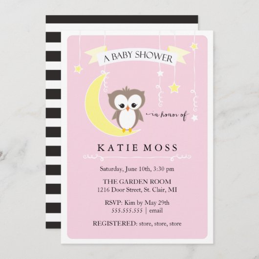 ピンクのコキンメフクロウ|のベビーシャワーの招待状 招待状 (正面/裏面)